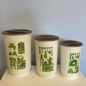 Retro canisters set of 3 nesting off white /brown & green